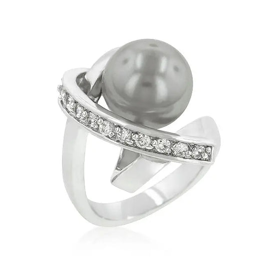 Rhodium Plated Knotted Simulated Pearl Ring - Rings