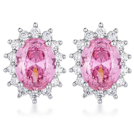 Rhodium Plated Pink Petite Royal Oval Earrings - Earrings