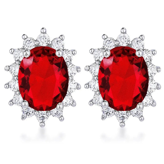 Rhodium Plated Ruby Red Petite Royal Oval Earrings - Earrings