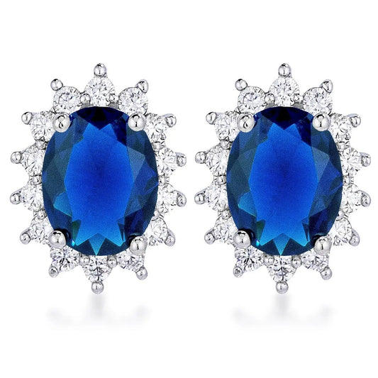 Rhodium Plated Sapphire Blue Petite Royal Oval Earrings - Earrings