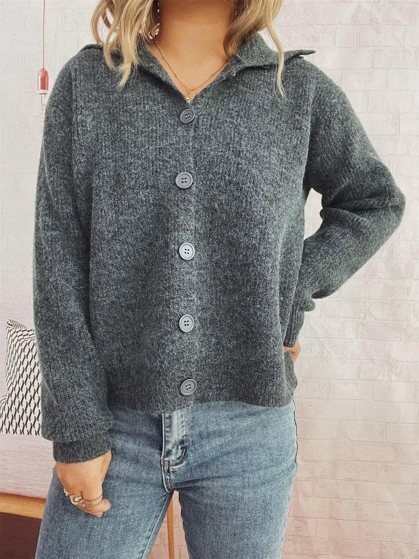 Ribbed Button-Up Cardigan - Gray / One Size