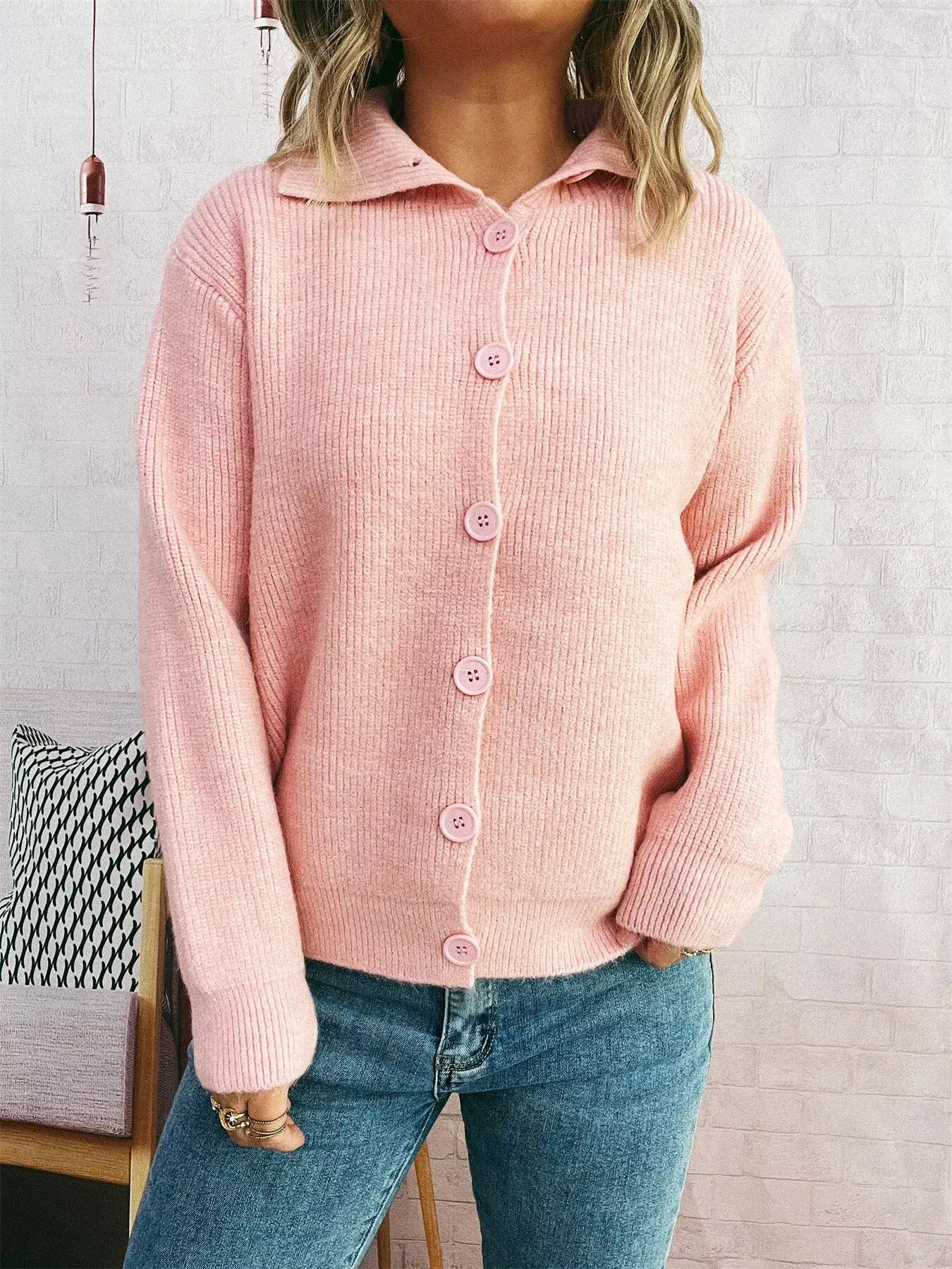 Ribbed Button-Up Cardigan - Pink / One Size