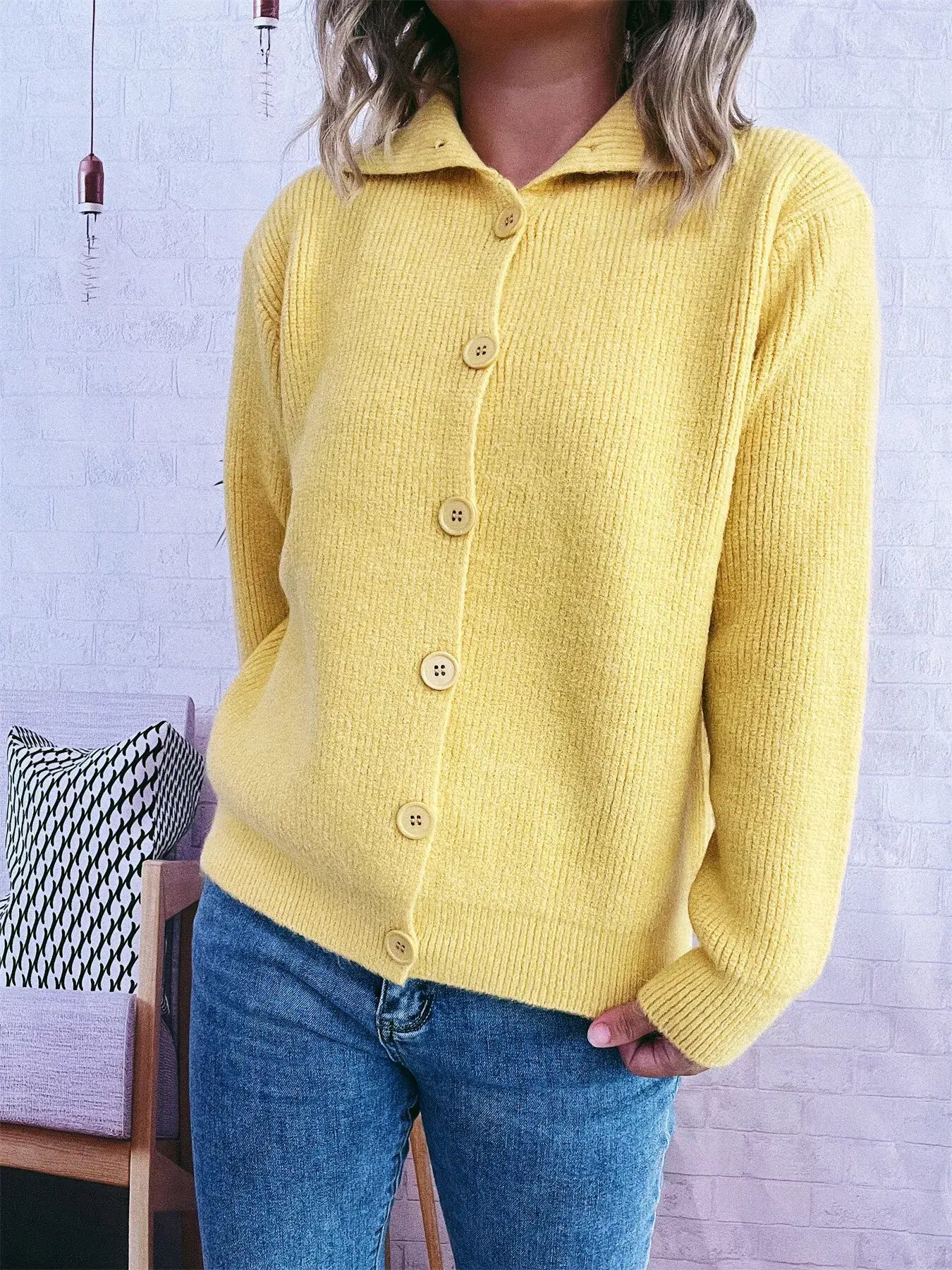 Ribbed Button-Up Cardigan - Yellow / One Size