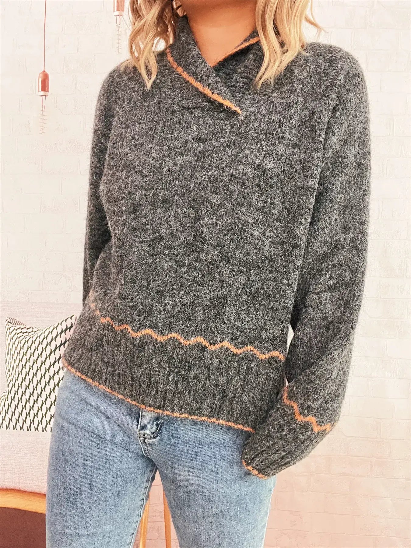 Ribbed Contrast Trim Long Sleeve Sweater - Long Sleeve Sweater