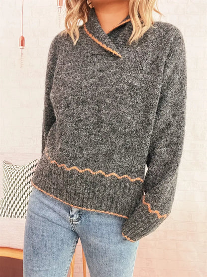 Ribbed Contrast Trim Long Sleeve Sweater - Long Sleeve Sweater