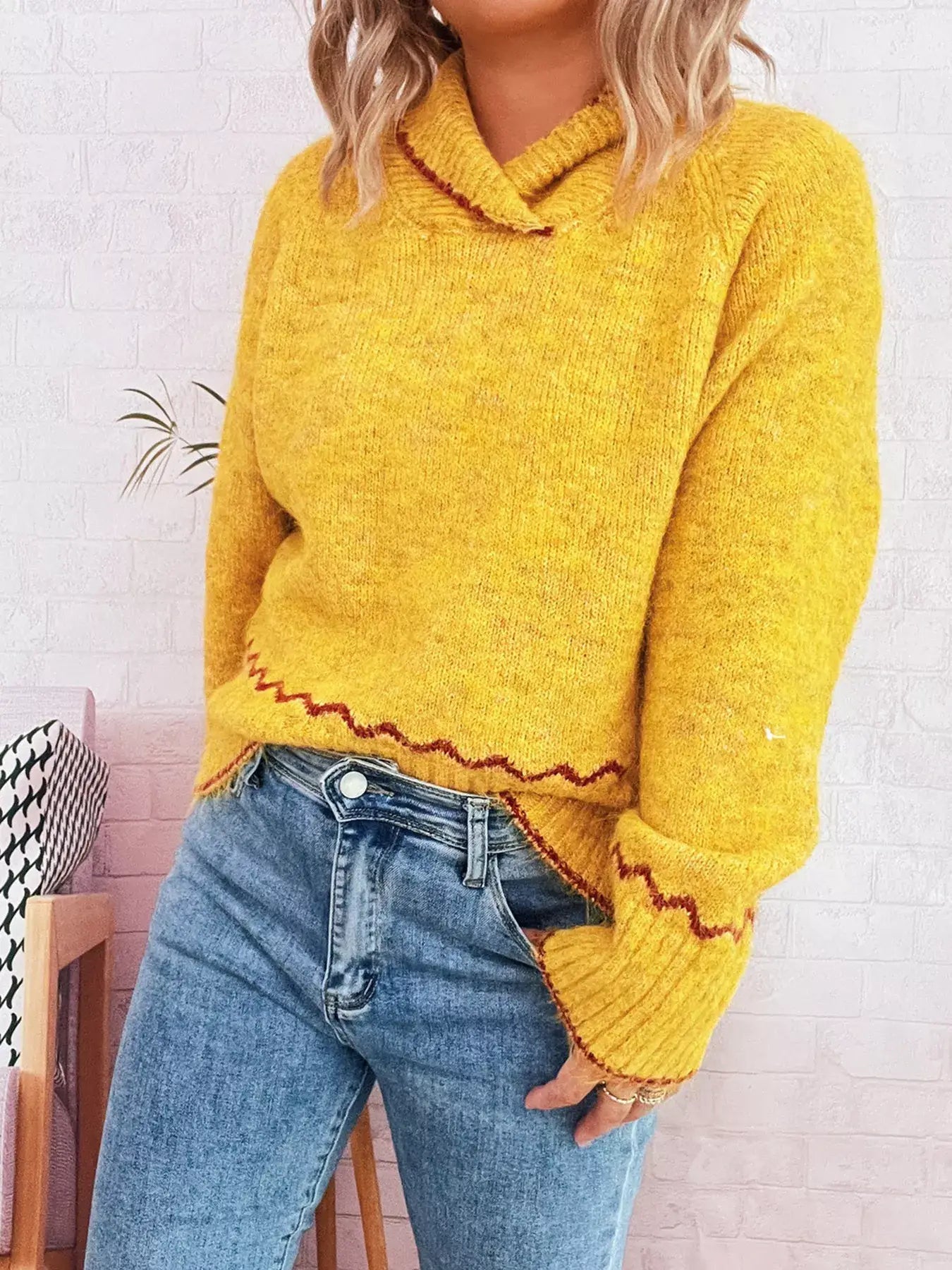 Ribbed Contrast Trim Long Sleeve Sweater - Long Sleeve Sweater