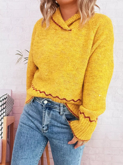 Ribbed Contrast Trim Long Sleeve Sweater - Long Sleeve Sweater