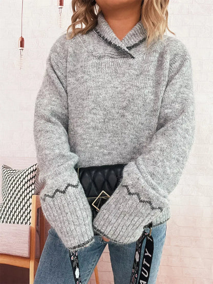 Ribbed Contrast Trim Long Sleeve Sweater - Long Sleeve Sweater