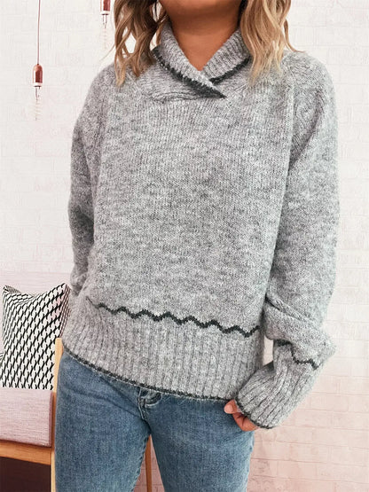 Ribbed Contrast Trim Long Sleeve Sweater - Long Sleeve Sweater