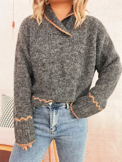 Ribbed Contrast Trim Long Sleeve Sweater - Long Sleeve Sweater