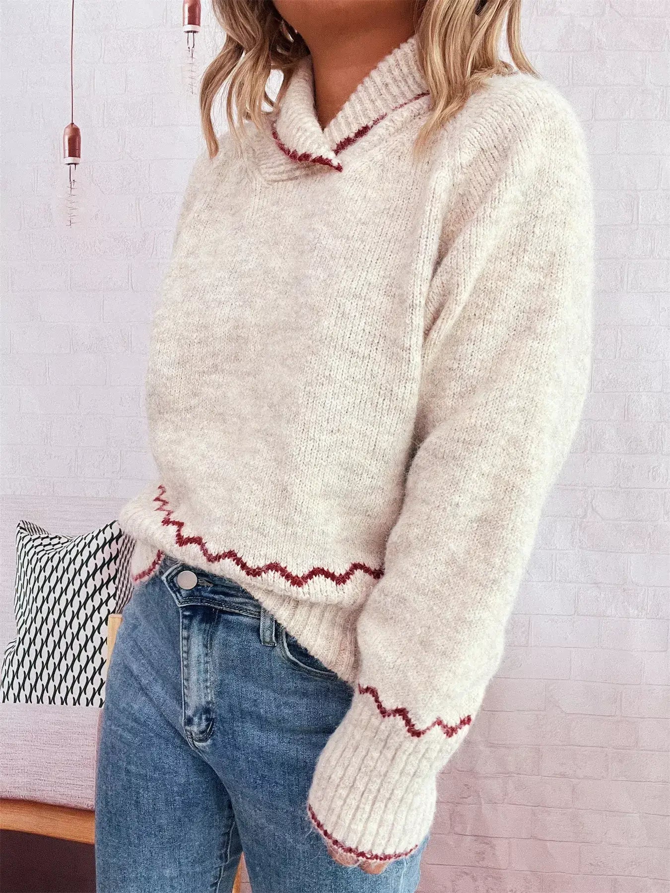Ribbed Contrast Trim Long Sleeve Sweater - Long Sleeve Sweater