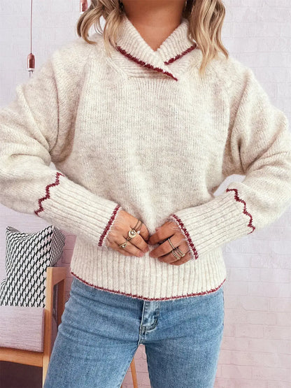 Ribbed Contrast Trim Long Sleeve Sweater - Long Sleeve Sweater