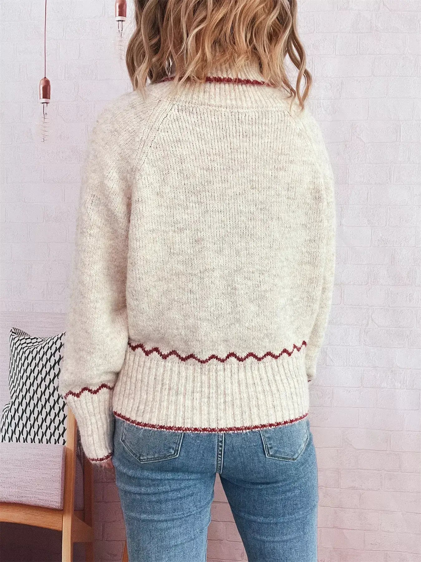 Ribbed Contrast Trim Long Sleeve Sweater - Long Sleeve Sweater