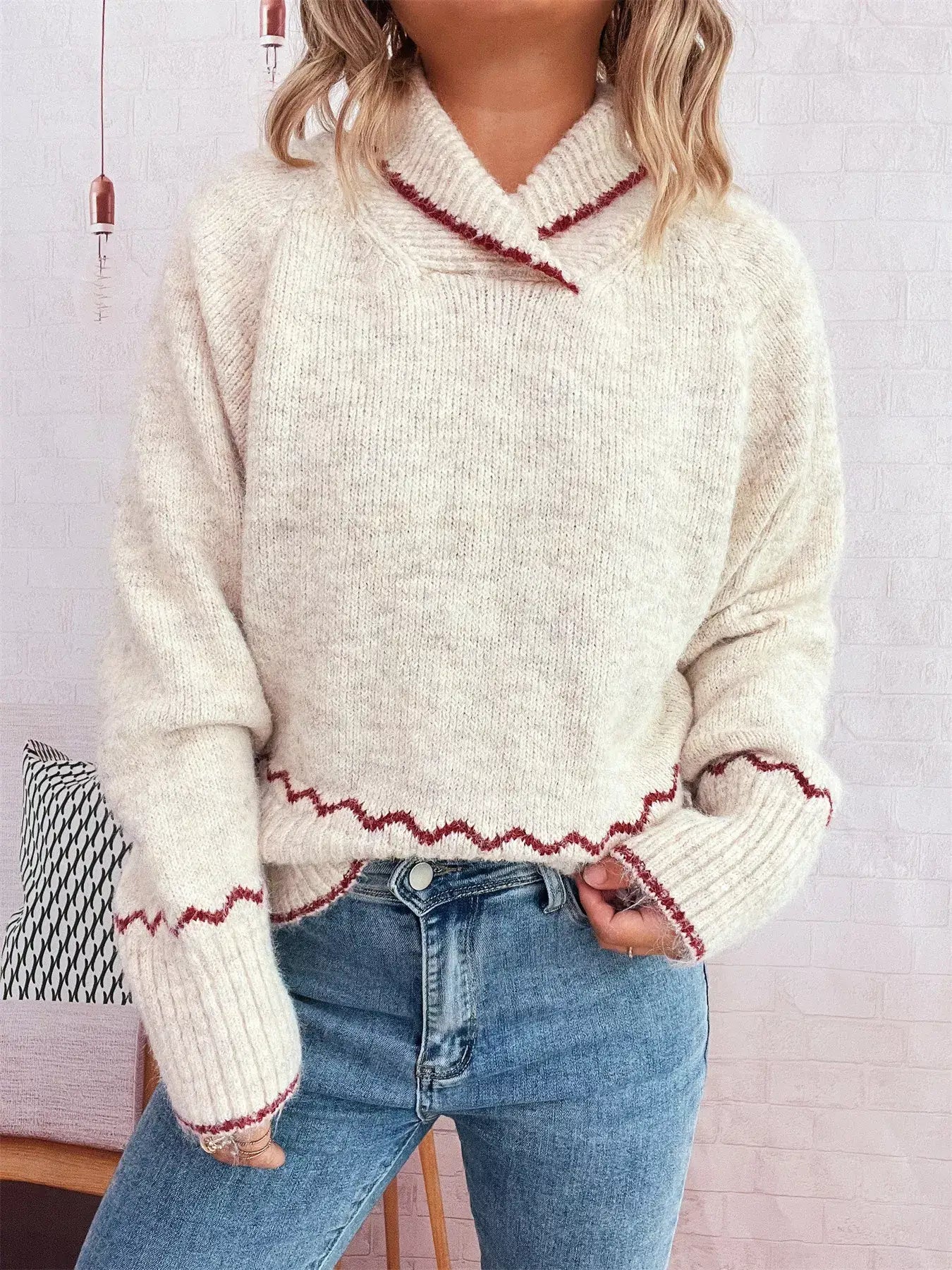 Ribbed Contrast Trim Long Sleeve Sweater - Long Sleeve Sweater