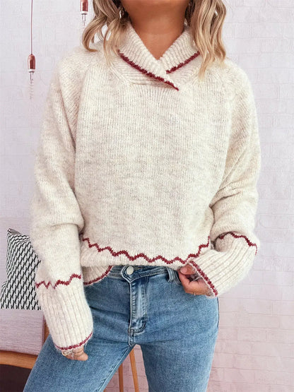 Ribbed Contrast Trim Long Sleeve Sweater - Long Sleeve Sweater