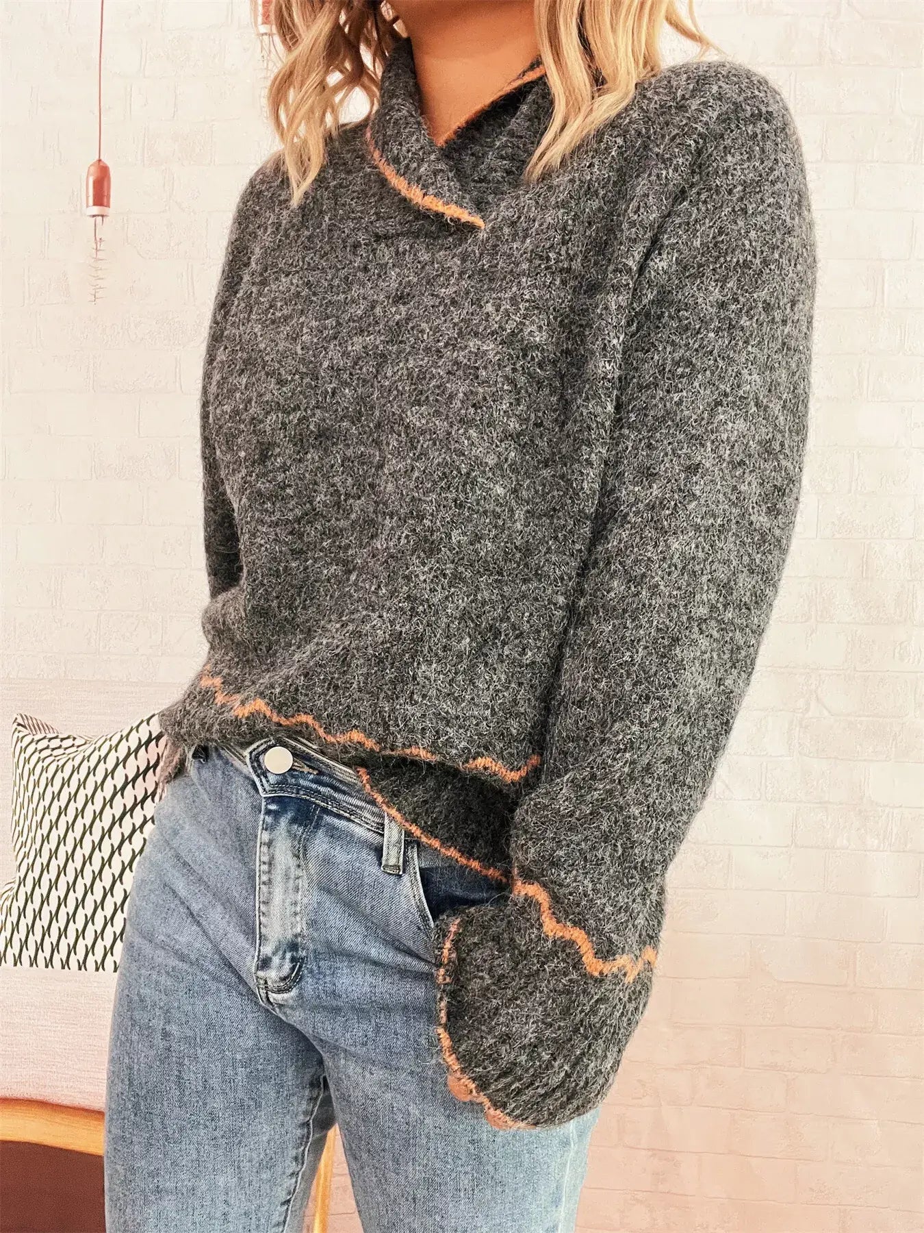 Ribbed Contrast Trim Long Sleeve Sweater - Long Sleeve Sweater