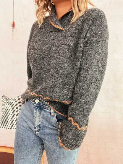 Ribbed Contrast Trim Long Sleeve Sweater - Long Sleeve Sweater