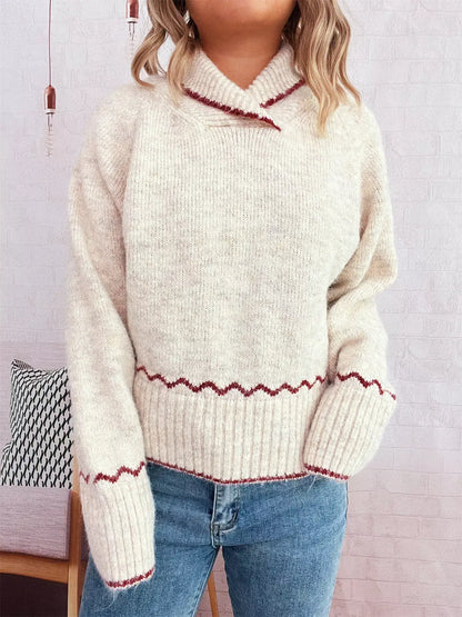 Ribbed Contrast Trim Long Sleeve Sweater - Apricot / One Size - Long Sleeve Sweater
