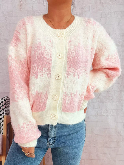 Ribbed Hem Button Up Cardigan - Pink / One Size - Cardigan