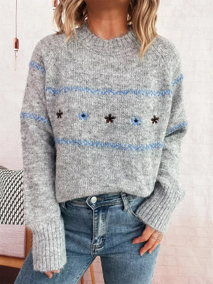 Ribbed Hem Flower Long Sleeve Sweater - Long Sleeve Sweater