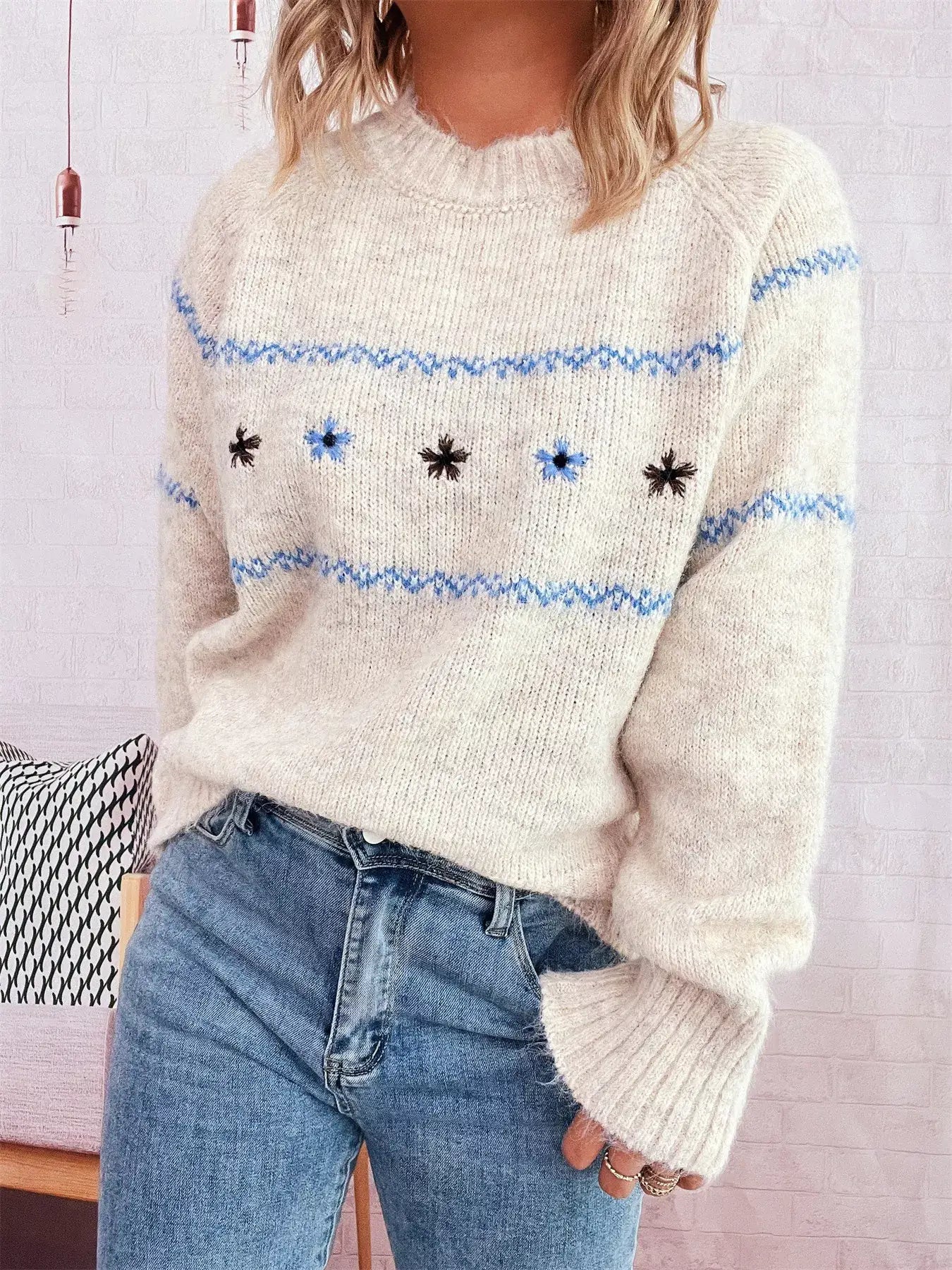 Ribbed Hem Flower Long Sleeve Sweater - Long Sleeve Sweater