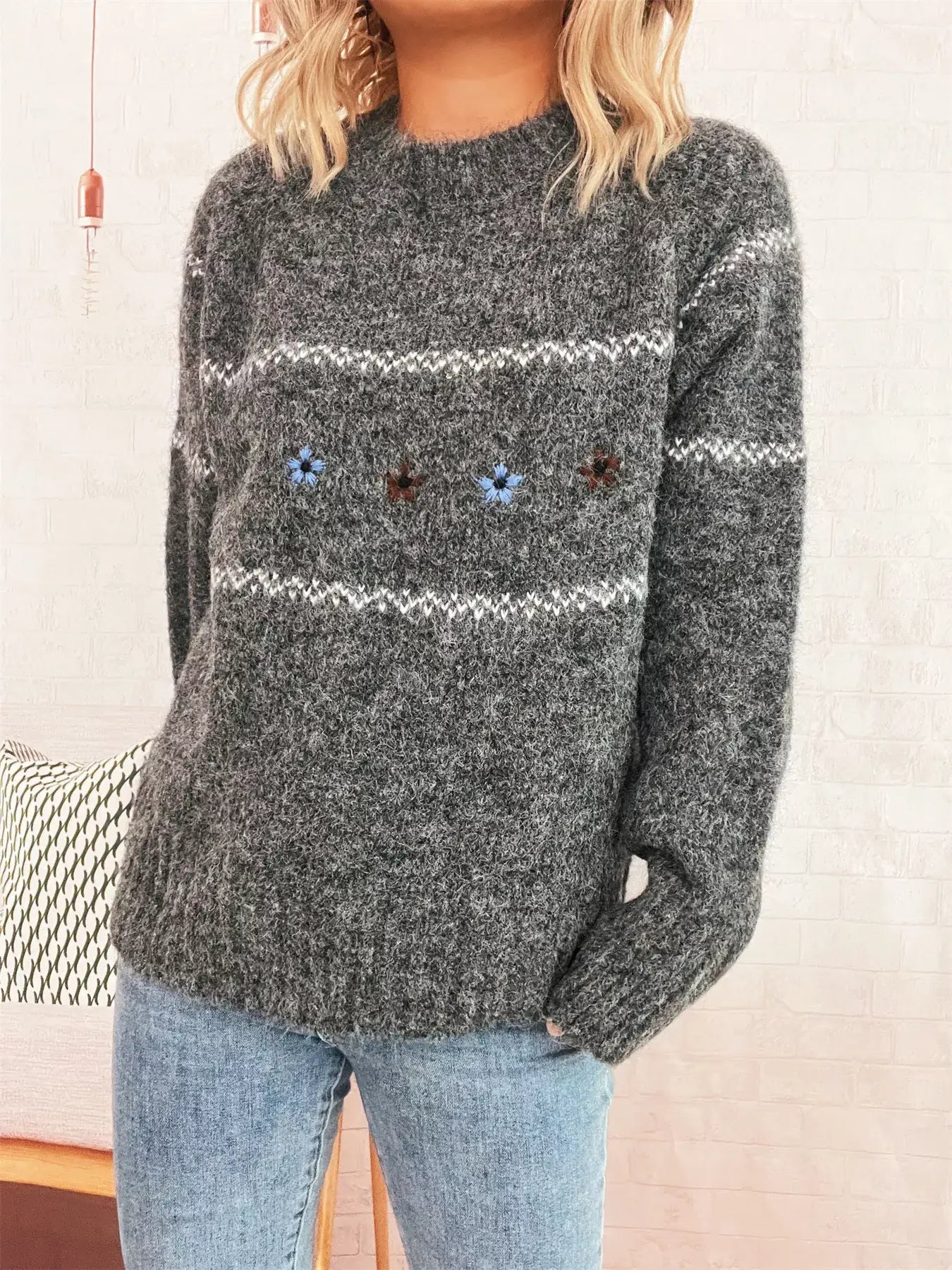 Ribbed Hem Flower Long Sleeve Sweater - Long Sleeve Sweater