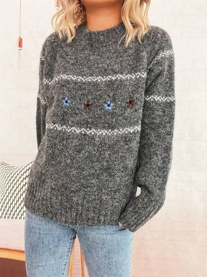 Ribbed Hem Flower Long Sleeve Sweater - Long Sleeve Sweater