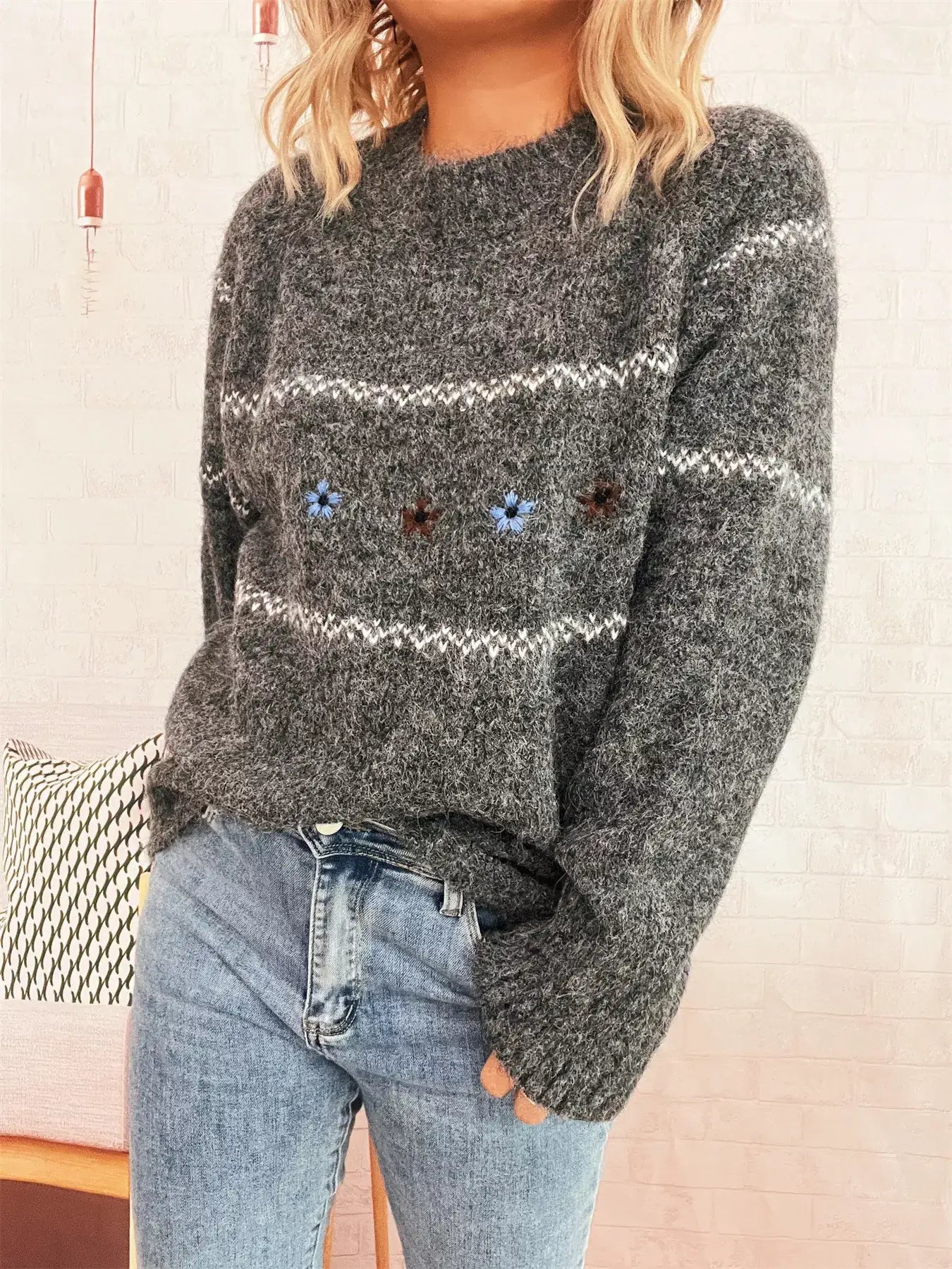 Ribbed Hem Flower Long Sleeve Sweater - Long Sleeve Sweater