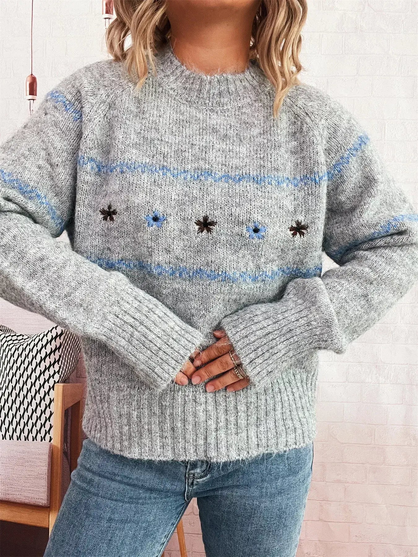 Ribbed Hem Flower Long Sleeve Sweater - Long Sleeve Sweater