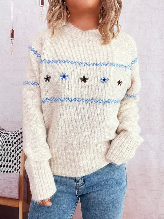 Ribbed Hem Flower Long Sleeve Sweater - Apricot / One Size - Long Sleeve Sweater