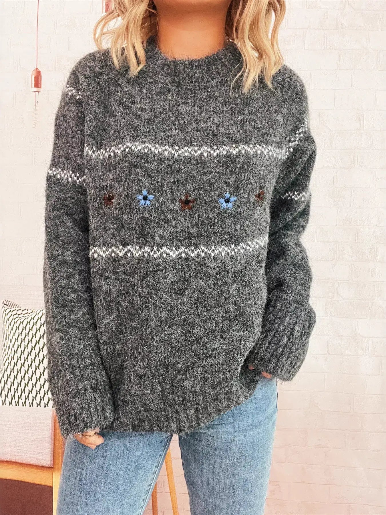 Ribbed Hem Flower Long Sleeve Sweater - Dark Gray / One Size - Long Sleeve Sweater