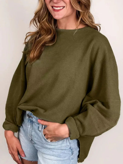 Ribbed Knit Oversized Sweatshirt - Army Green / S
