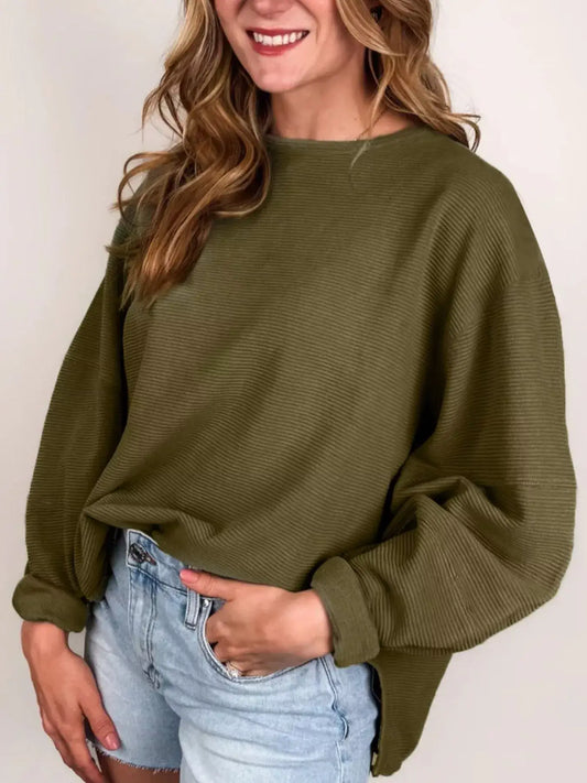 Ribbed Knit Oversized Sweatshirt - Army Green / S