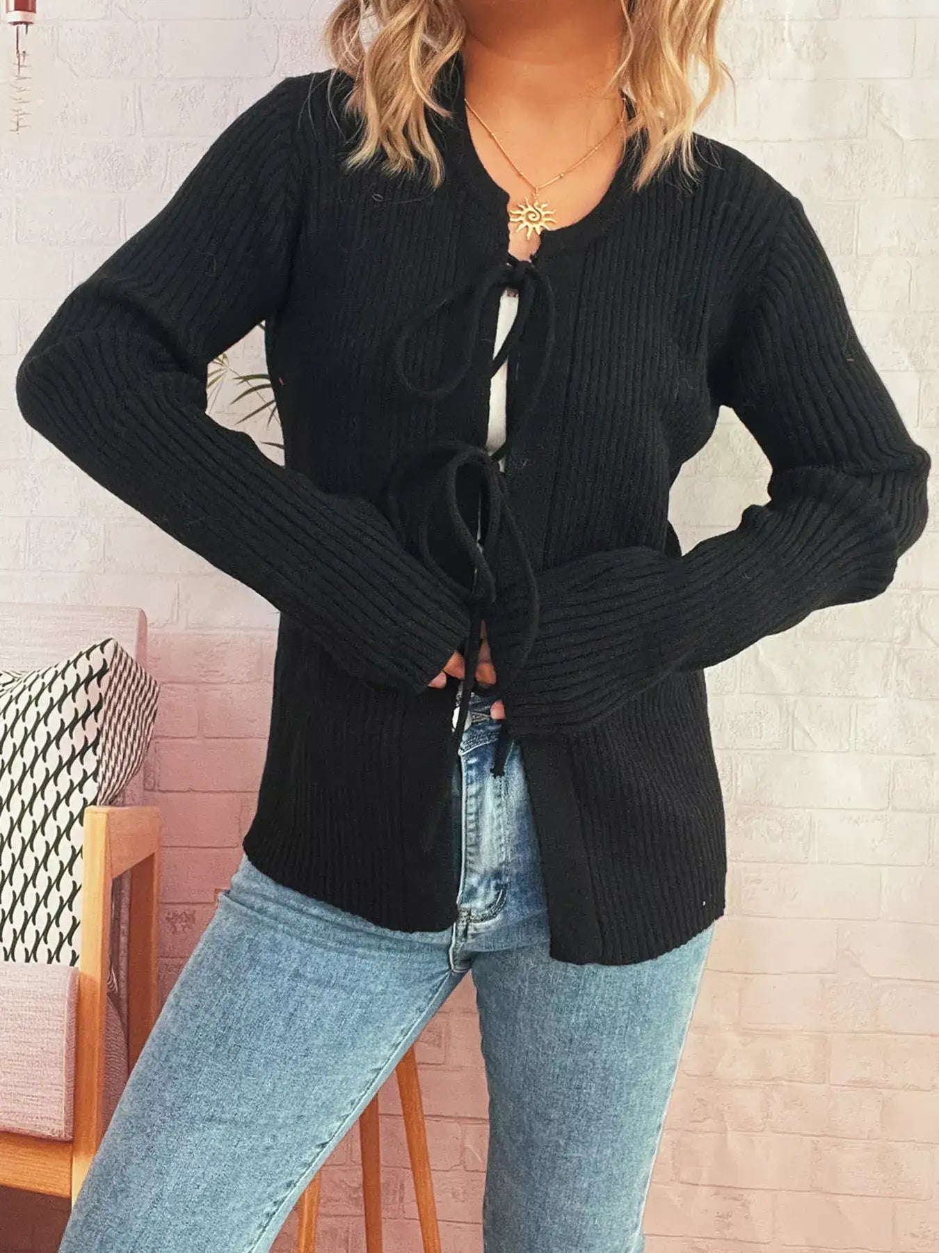 Ribbed Tie Front Long Sleeve Cardigan - Black / One Size