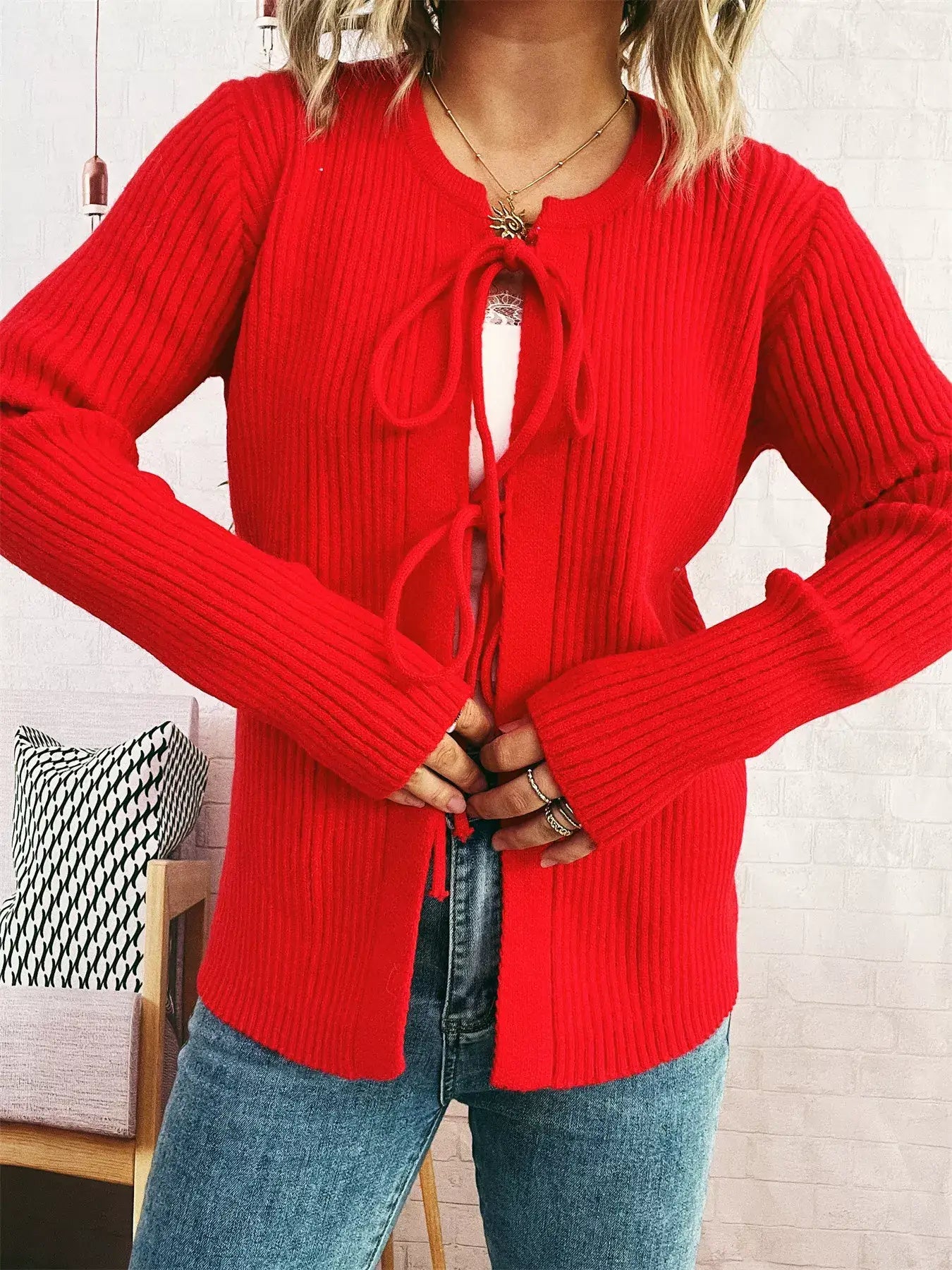 Ribbed Tie Front Long Sleeve Cardigan - Red / One Size