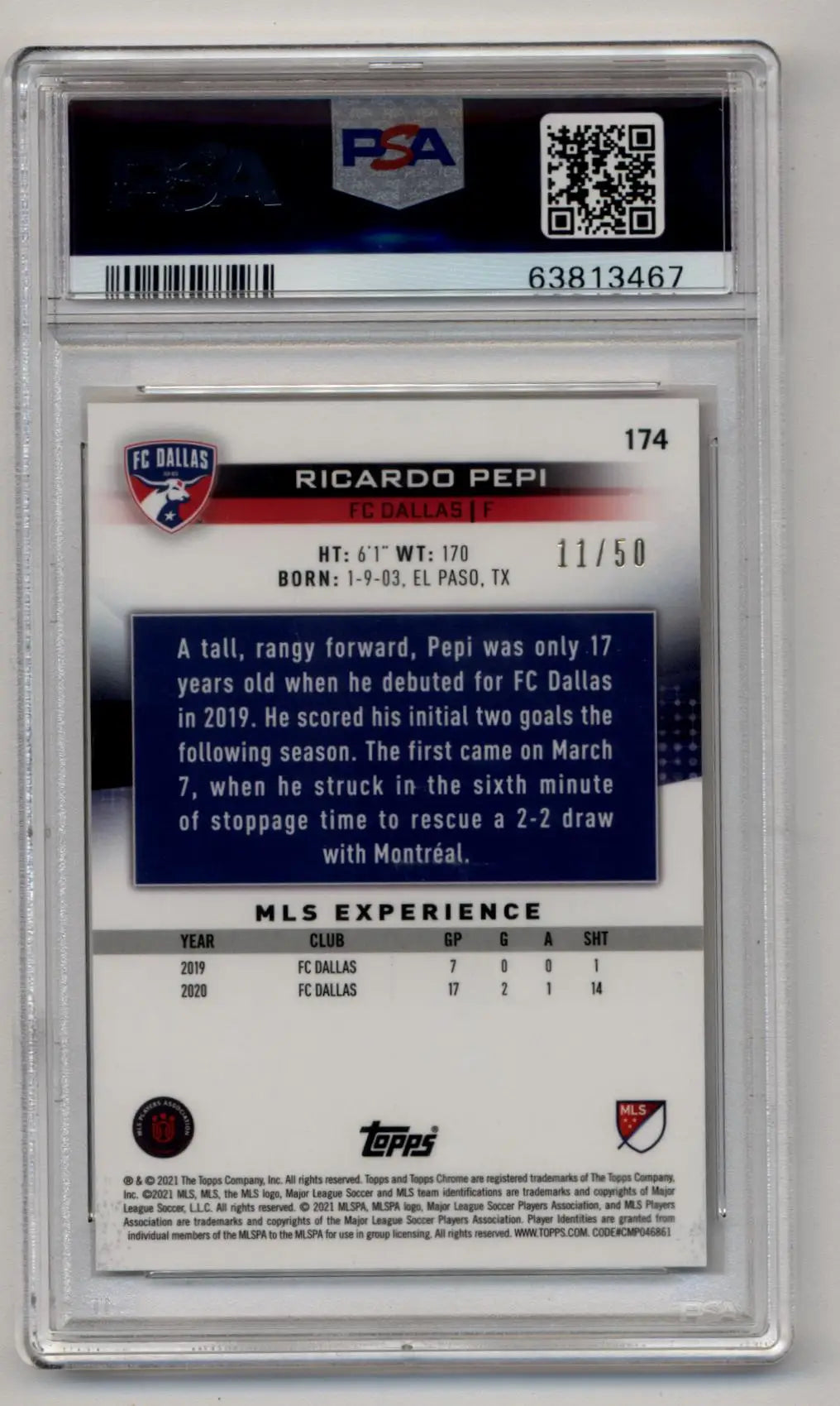 Ricardo Pepi 2021 Topps Chrome MLS Gold Refractor 11/50 PSA 10 Gem Mint - Singles