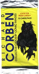 Trading card pack featuring a raven silhouette on yellow, Richard Corben design