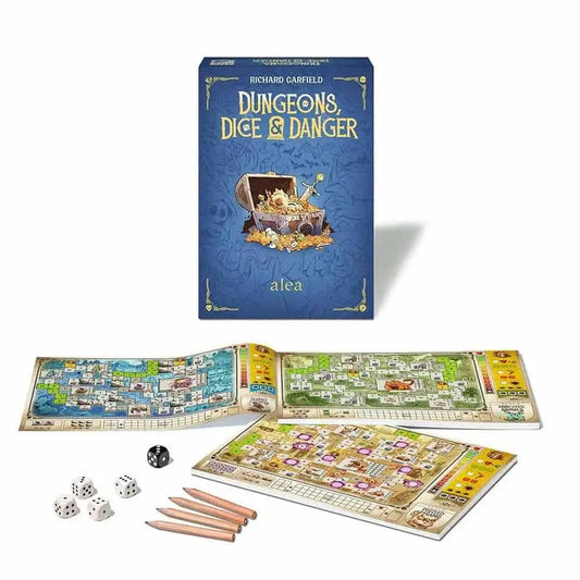 Richard Garfield’s Dungeons Dice and Danger board game with beautifully illustrated dungeons and dice