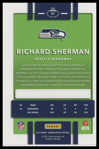 Richard Sherman football trading card from Donruss Optic 2017 Seattle Seahawks collection