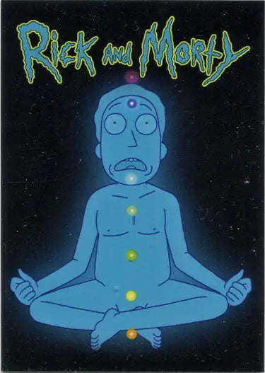 Glowing blue cartoon figure in meditation pose on Rick and Morty Season 3 promo card