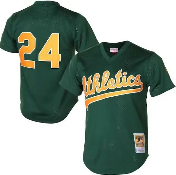Green Oakland Athletics baseball jersey featuring Rickey Henderson from 1998 Cooperstown collection