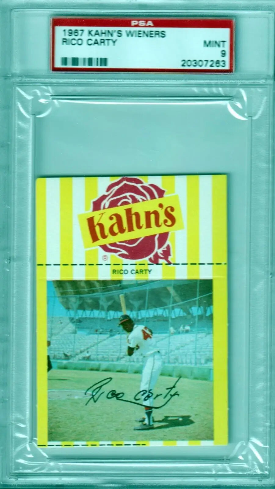 Graded 1967 Kahn’s Wieners Rico Carty baseball card PSA 9 MINT Columbia Hobby