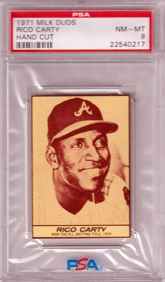 Graded 1971 Rico Carty Baseball Card with Milk Duds PSA 8 NM-MT displayed on ESPN 2K Sports