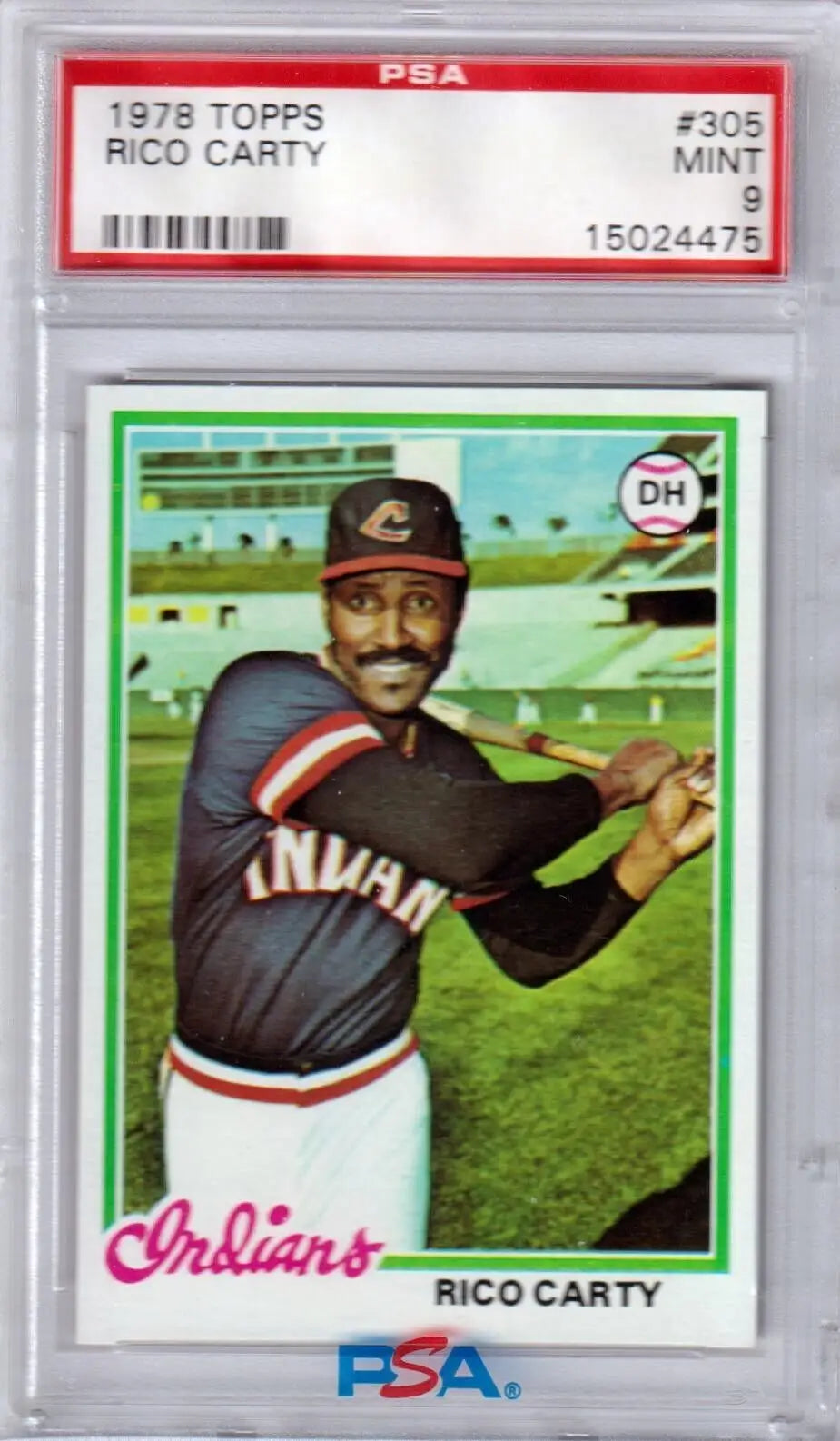 Graded Rico Carty baseball card from 1978 Topps PSA 9 Mint, collectible Columbia Hobby item