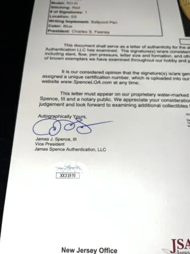 Letter of authenticity for Riggs Stephenson Chicago Cubs signed baseball and trading cards