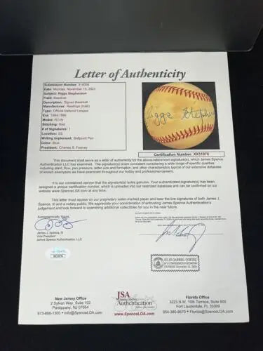 Letter of Authenticity for Riggs Stephenson Chicago Cubs Autographed Baseball