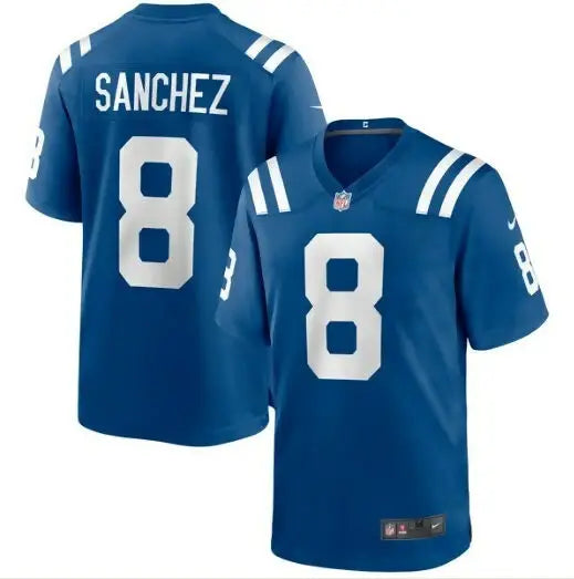 Two blue Indianapolis Colts Nike game jerseys with Sanchez and number 8 on the back