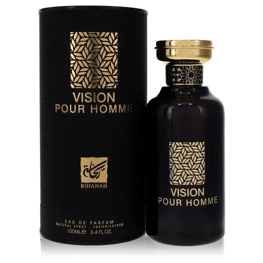 Black and gold Rihanah Vision Pour Homme fragrance bottle with packaging for Rihanah Vision Pour