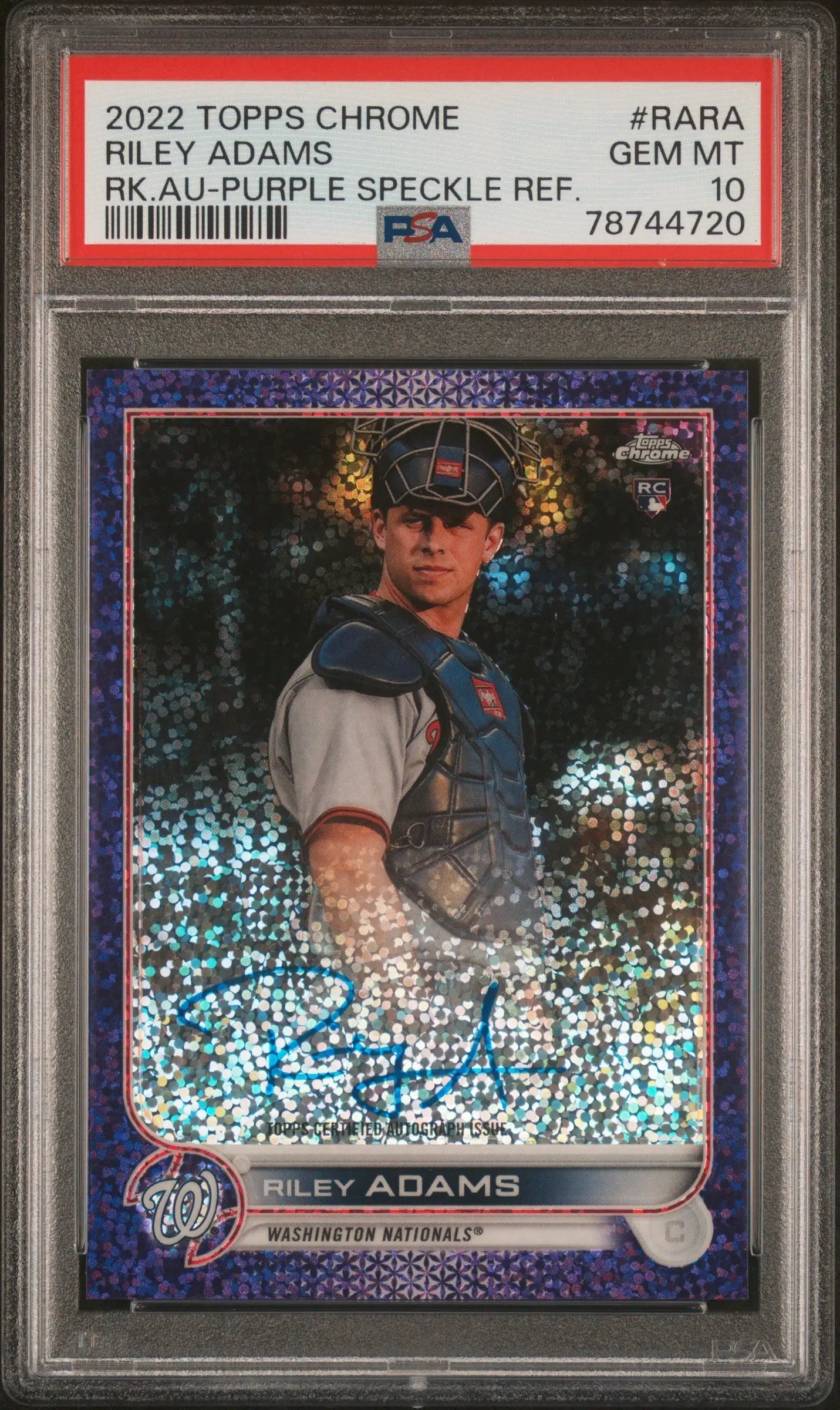 Graded Riley Adams baseball card Topps Chrome Rookie Autograph Purple Speckle PSA 10 from Columbia Hobby