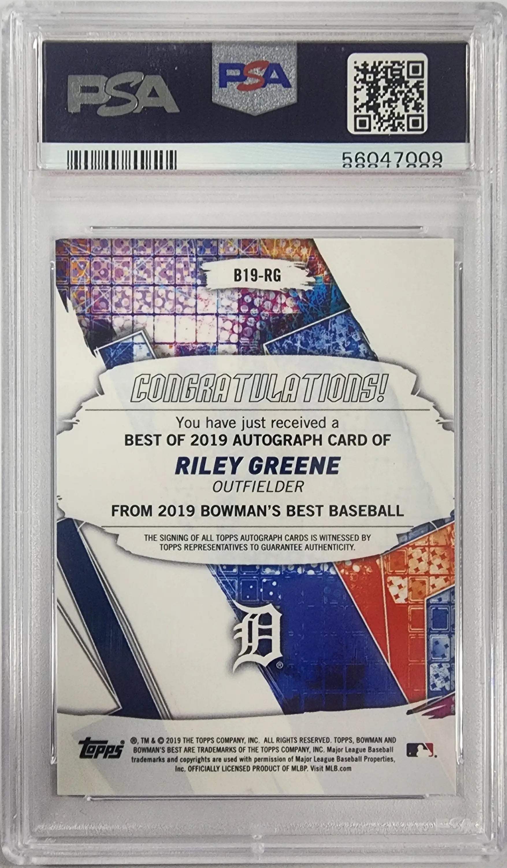 Graded Riley Greene 2019 Bowmans Best Blue Auto baseball card PSA 9 Mint